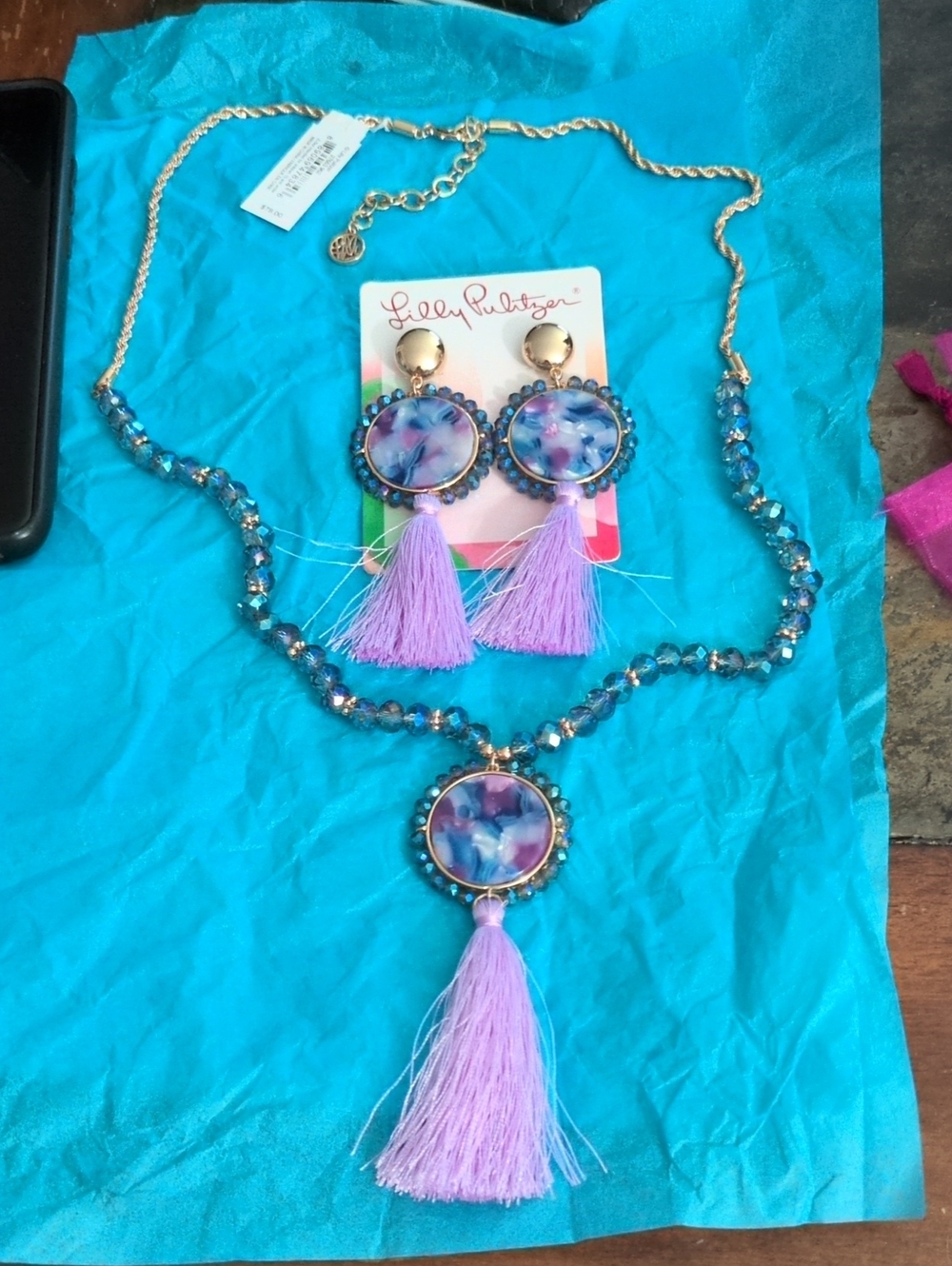 Lilly Pulitzer Blue Beaded Necklace with Lavender Tassel Pendant and Earrings